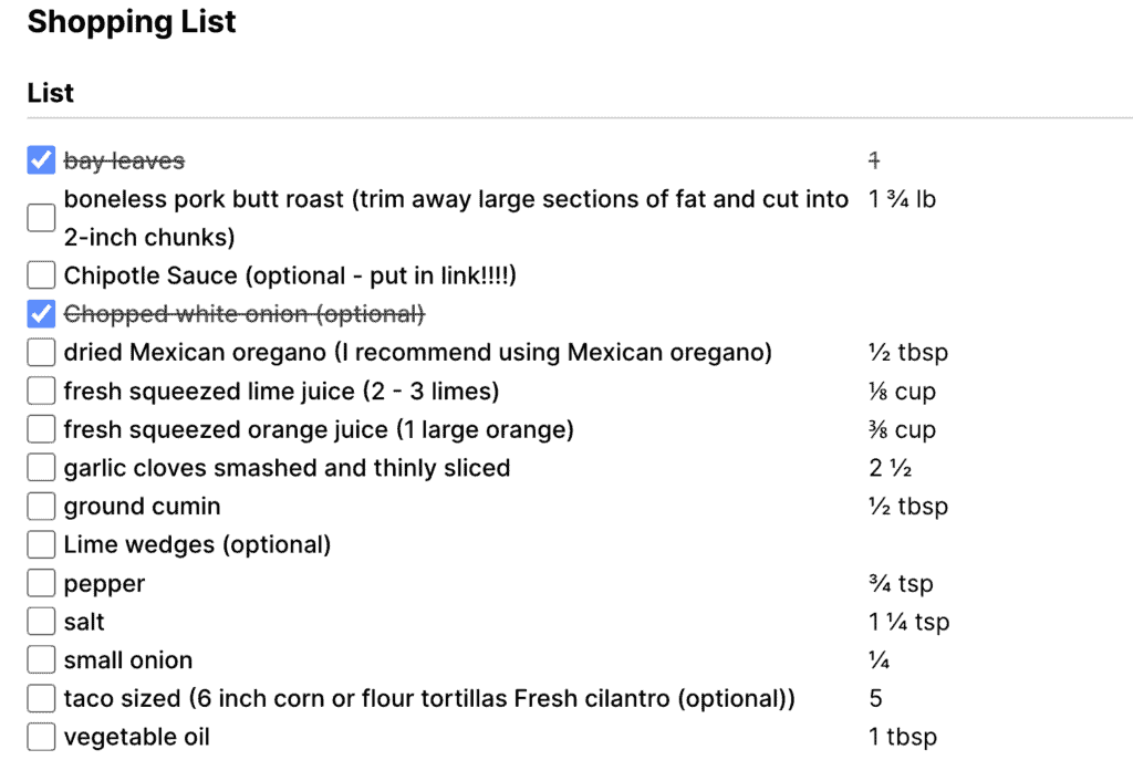 crossing off items on shopping list feature