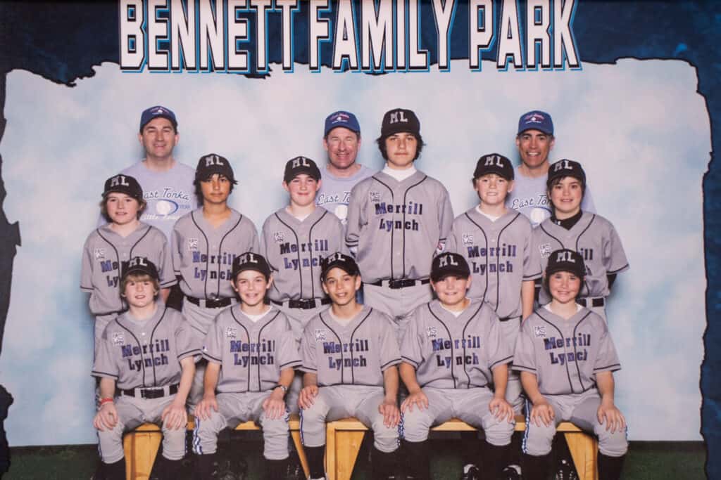 Merrill Lynch Little League 10 year olds and coaches team picture for Bennett Family Park