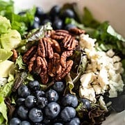blueberry salad complete with farm fresh blueberries, sweet and spicy pecans, avocado, gorgonzola