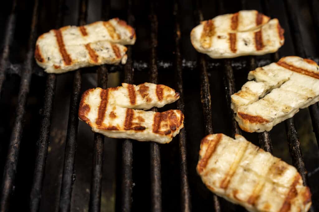 Halloumi slices on a grill