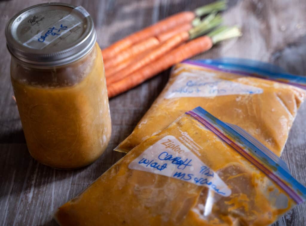 Soup for Two that has been made ahead and frozen in a mason jar and in resealable freezer bags