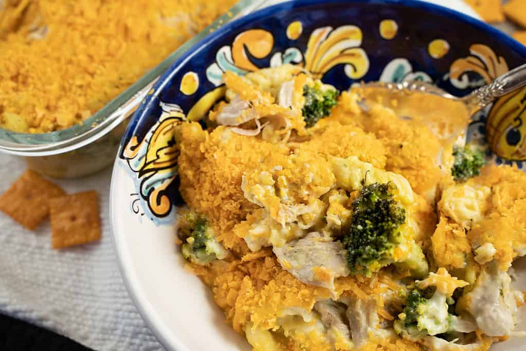 Chicken Broccoli Pasta Casserole For Two in a pasta bowl and a glass oven safe casserole dish.
