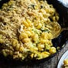 Chicken Broccoli Pasta Casserole-For Two baked in a cast iron skillet served on 2 dinner plates