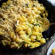 Chicken Broccoli Pasta Casserole-For Two baked in a cast iron skillet served on 2 dinner plates