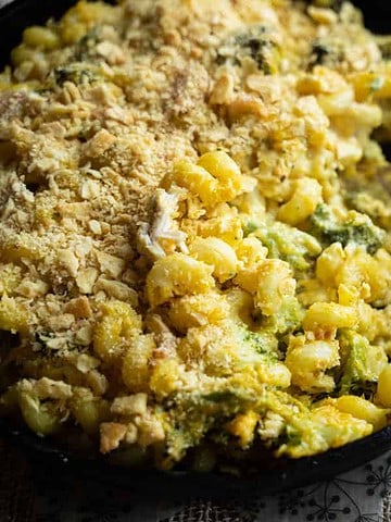 Chicken Broccoli Pasta Casserole-For Two baked in a cast iron skillet served on 2 dinner plates