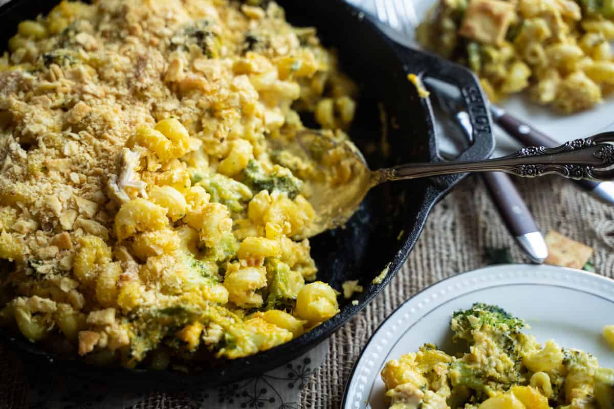 Chicken Broccoli Pasta Casserole-For Two baked in a cast iron skillet served on 2 dinner plates
