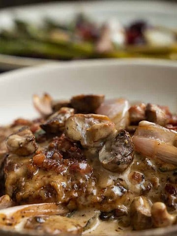 Chicken Marsala For Two plated with Asparagus