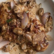 Chicken Marsala For Two plated with Asparagus
