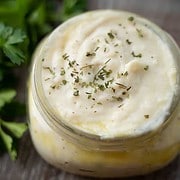 small batch of homemade condensed cream of chicken soup in a mason jar