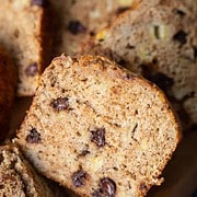 Banana bread with applesauce for two sliced and laying on a table