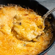 scalloped potatoes for two in a cast iron skillet