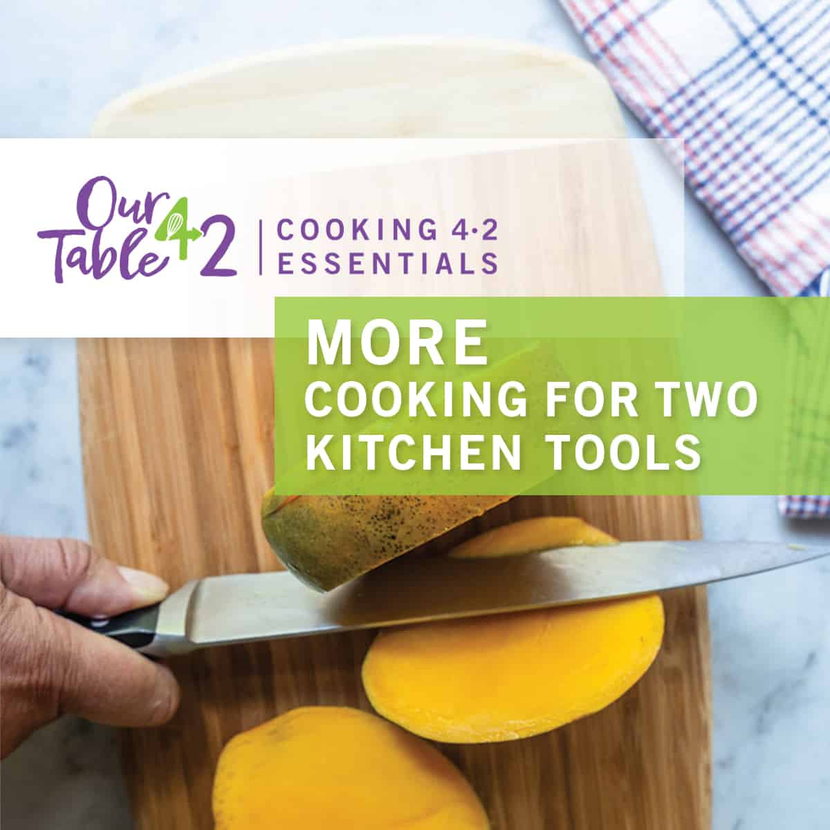 more cooking for two kitchen tools cutting board with knife and a cut open mango