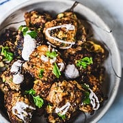 Turkey Zucchini Meatballs for two in a stone bowl drizzled with sour cream sumac sauce and sprinkled with cilantro