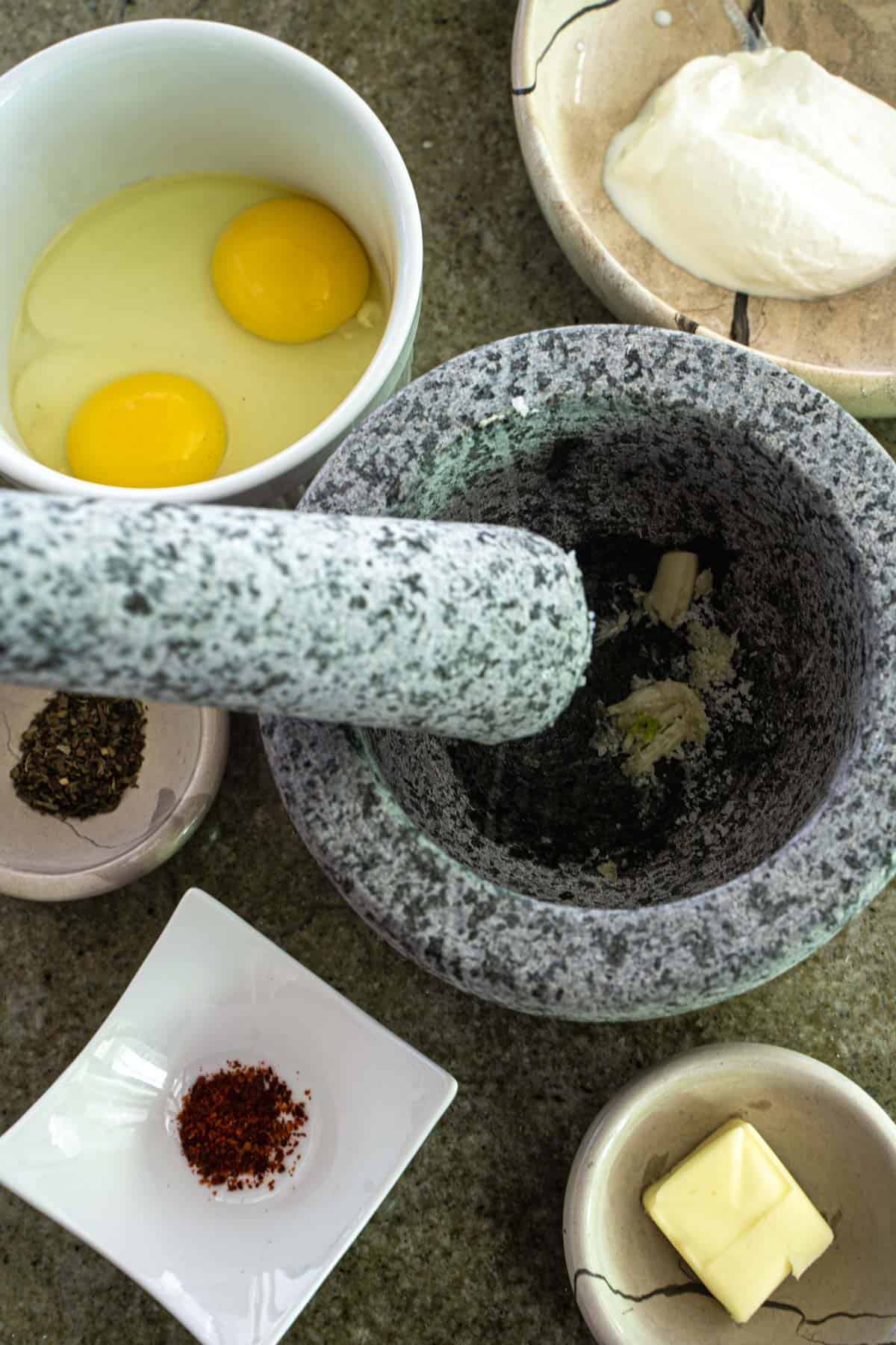 Ingredients in bowls for turkish eggs