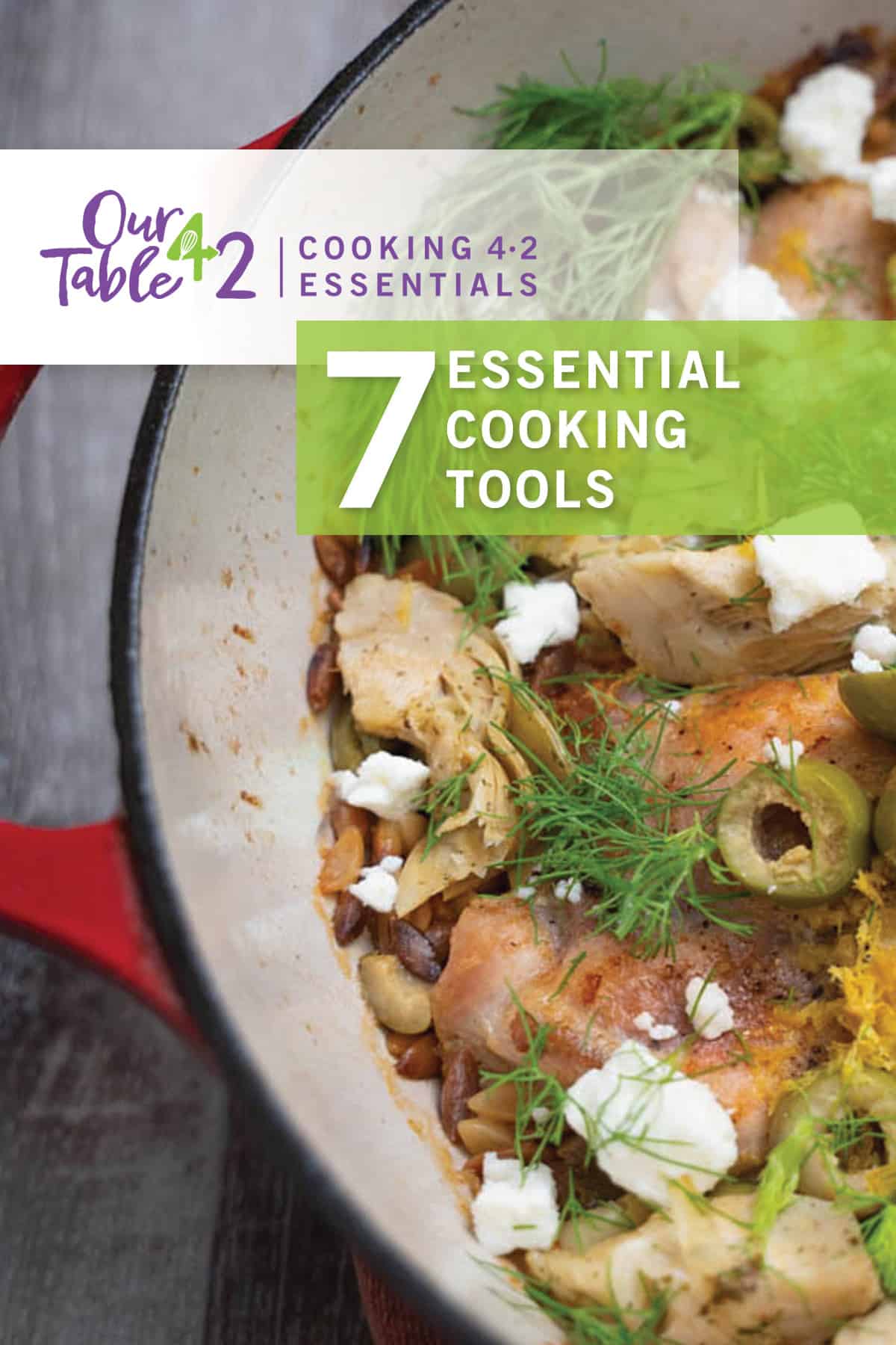 dutchoven one of the 7 essential cooking tools filled with baked chicken, olives, feta and dill