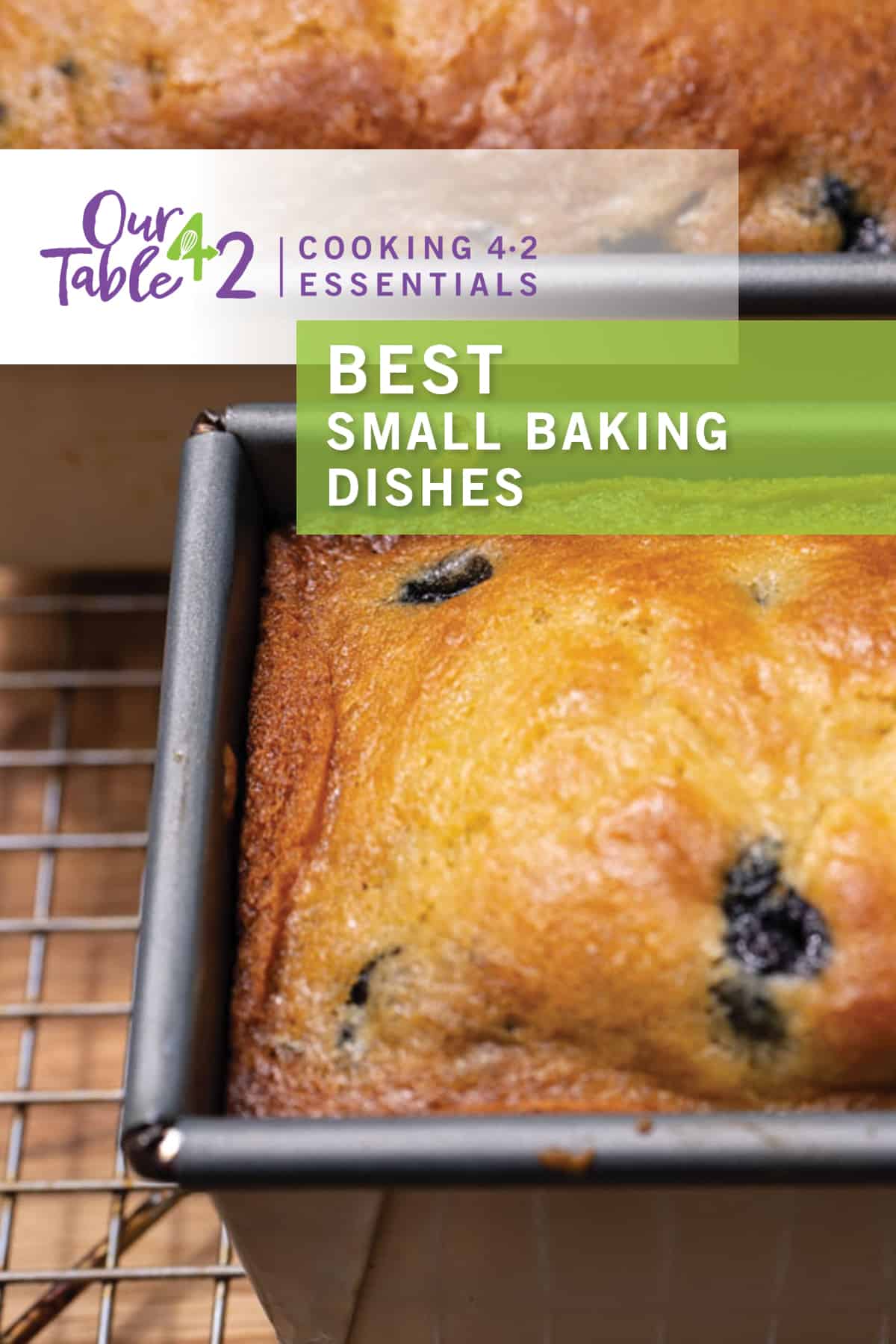 best small baking dishes list featuring a blueberry lemon yogurt cake in a mini loaf pan