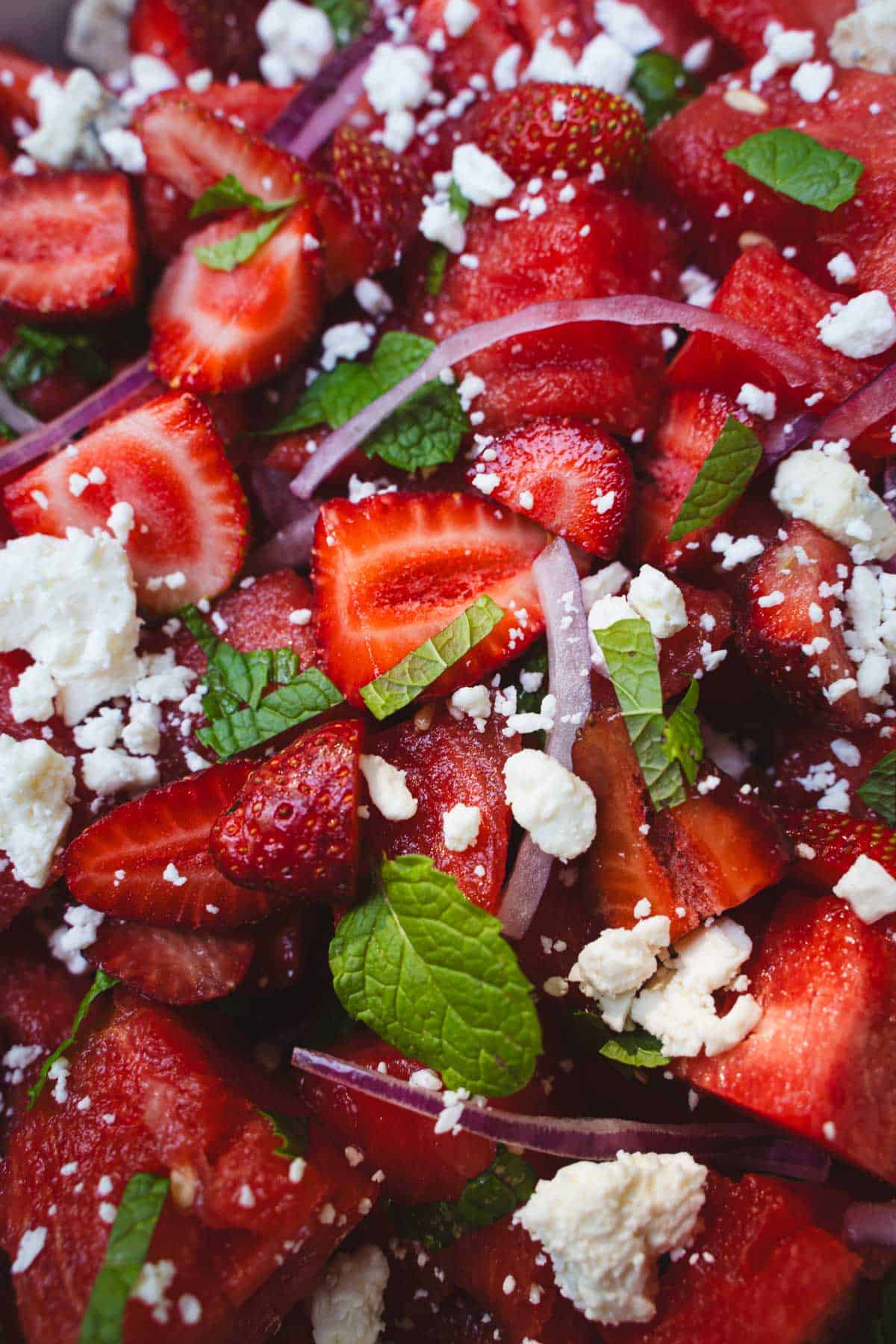 close up of chunks of watermelon, sliced strawberries, slices of red onion, crumbled red onion and chopped mint