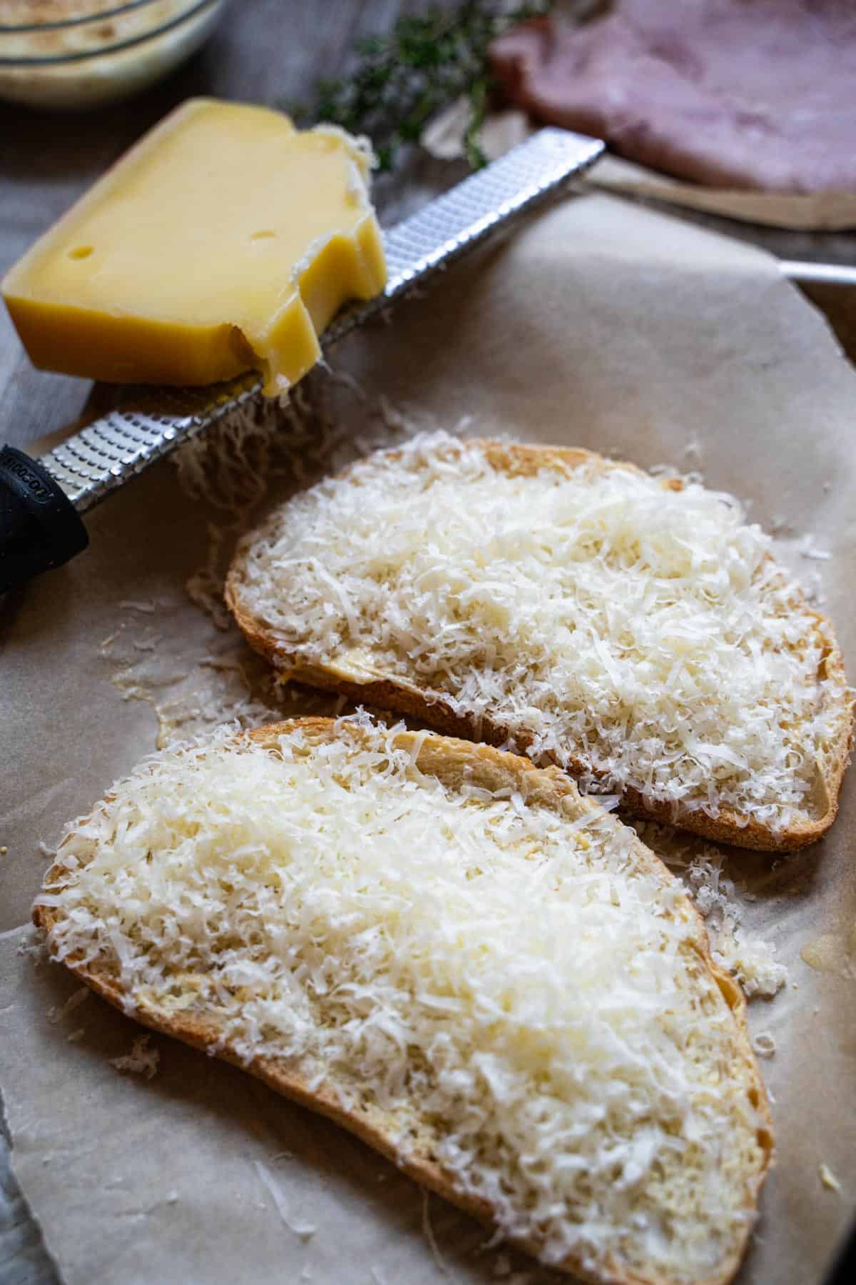Grated cheese on 2 slices of bread