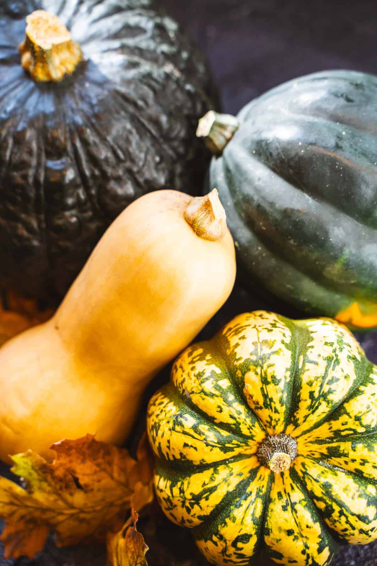 four types of squash that can be used to make Curry Autumn Squash and Carrot Soup.
