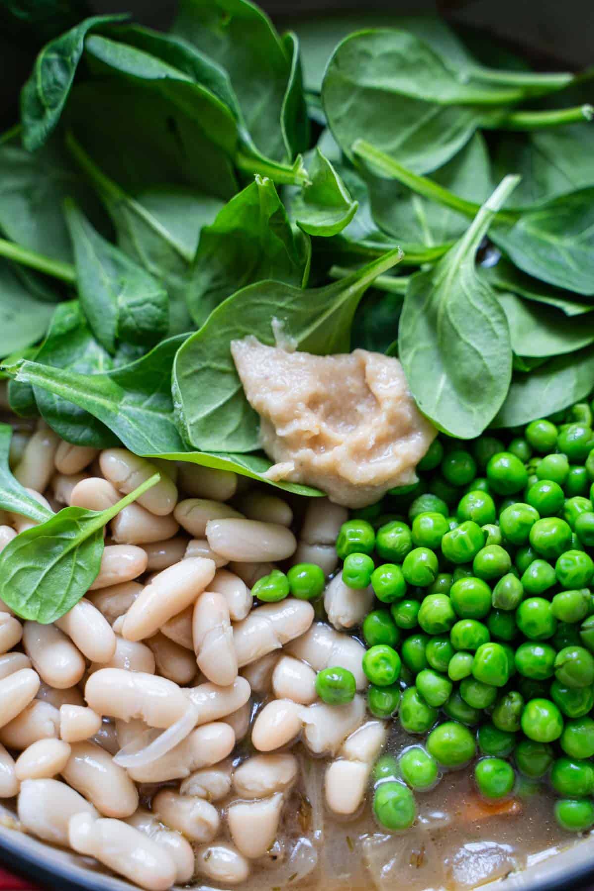 Spinach, soup puree, beans and peas added into the creamy 10 vegetable and bean soup.