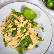 Slow cooker Pork Pad Thai using Thai tamarind paste on a plate garnished with dry roasted peanuts, cilantro and lime slices.