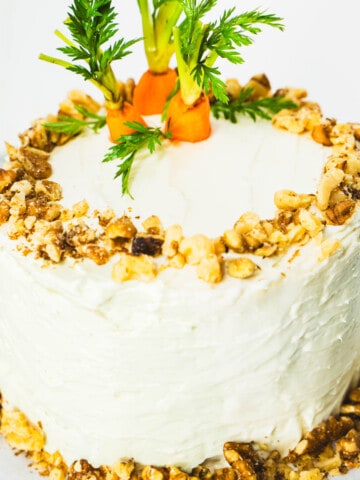 Cream cheese frosted carrot walnut cake with chopped walnuts on edges and fresh carrot tops on top of the small 6-inch 2- layer cake.