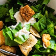Romaine lettuce dressed with a Easy Parmesan Mayo Caesar SAlad Dressing without anchovies and garnished with parmesan and croutons.
