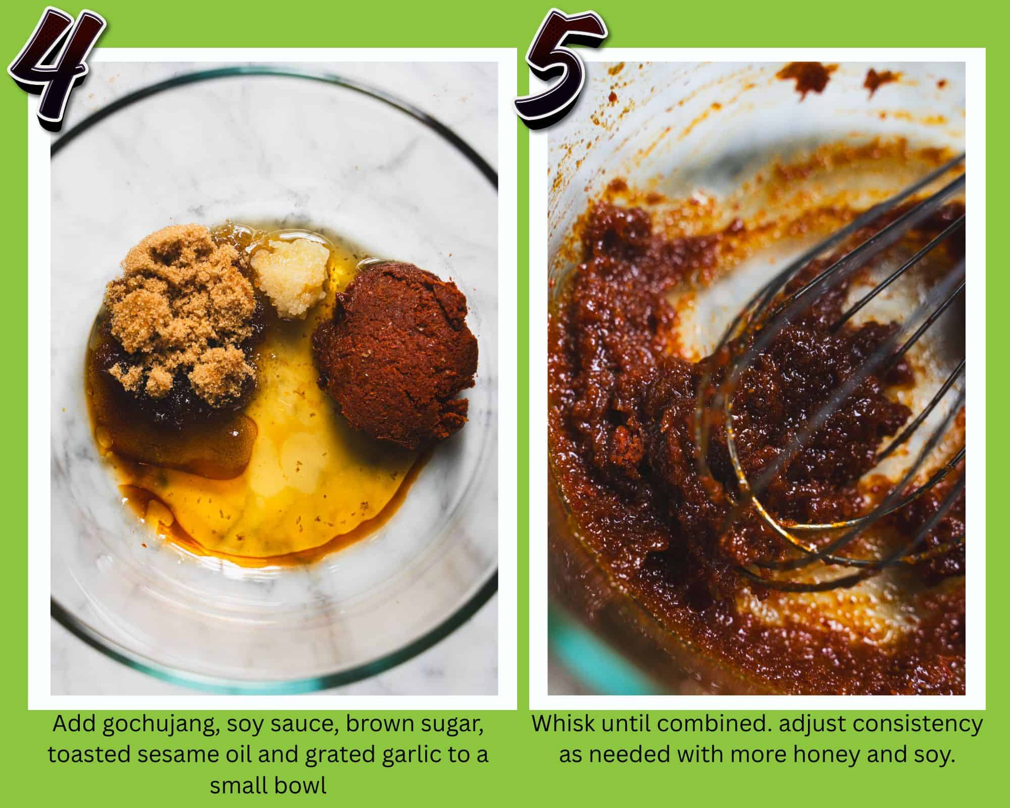 2 photo collage showing how to make gochujang sauce for asian eggplant meatballs.  Photo 1 is the ingredients in the bowl and the second is the gochujang sauce mixed together.