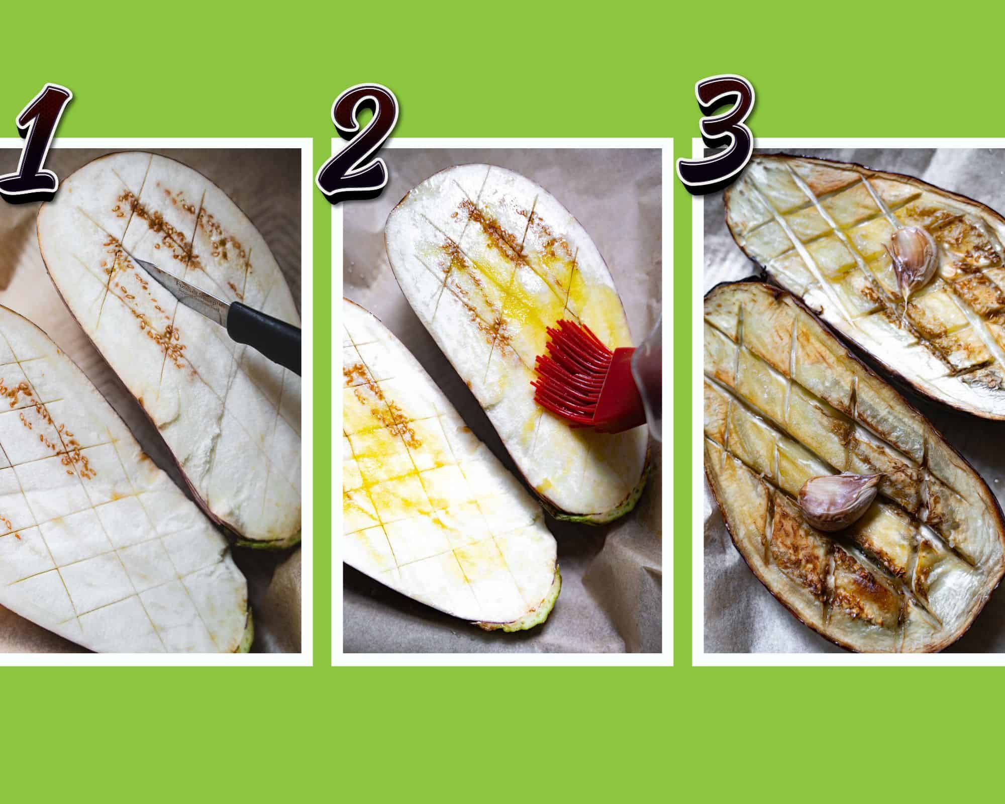 3 photo collage showing how to cut, score, oil and add garlic for roasting eggplant to make eggplant meatballs.