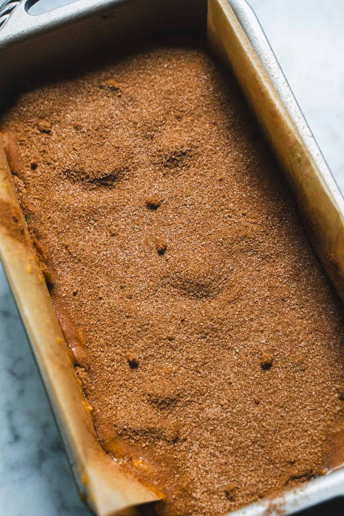 Cinnamon Swirl layer in loaf. pan for gluten free pumpkin zucchini bread