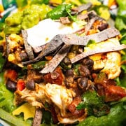 Gluten-free chicken taco salad in a bowl with crispy baked corn tortilla strips, guacamole and sour cream as garnishes.