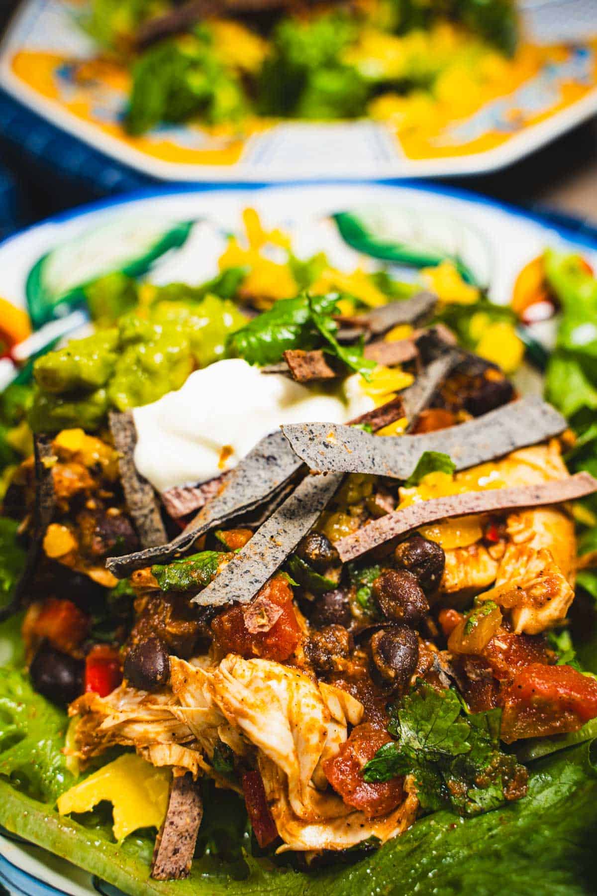 Gluten-free chicken taco salad in a bowl with crispy baked corn tortilla strips, guacamole and sour cream as garnishes.