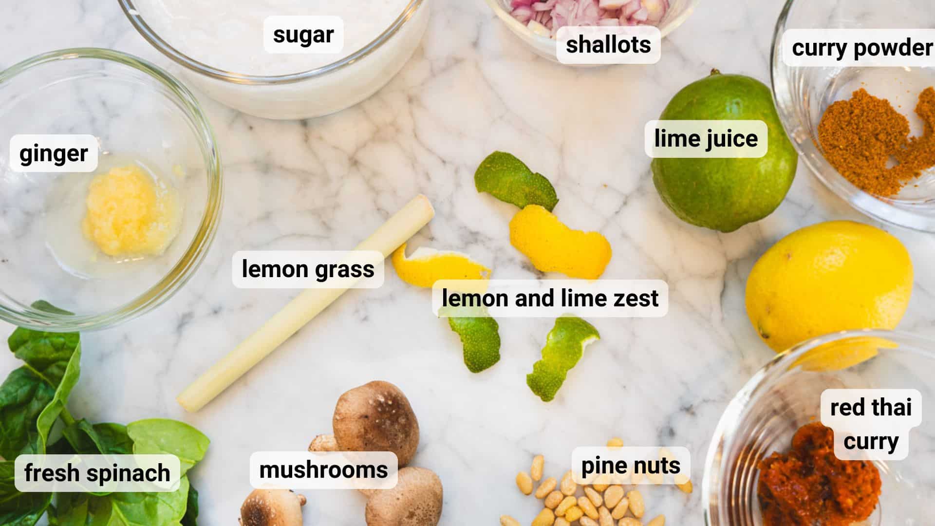 Red thai coconut spinach tomato curry soup ingredients on a white marble counter and wet ingredients in small glass bowls