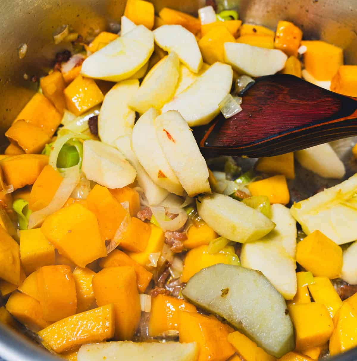 Apples added to butternut squash and leeks for Apple & Autumn Squash Soup.