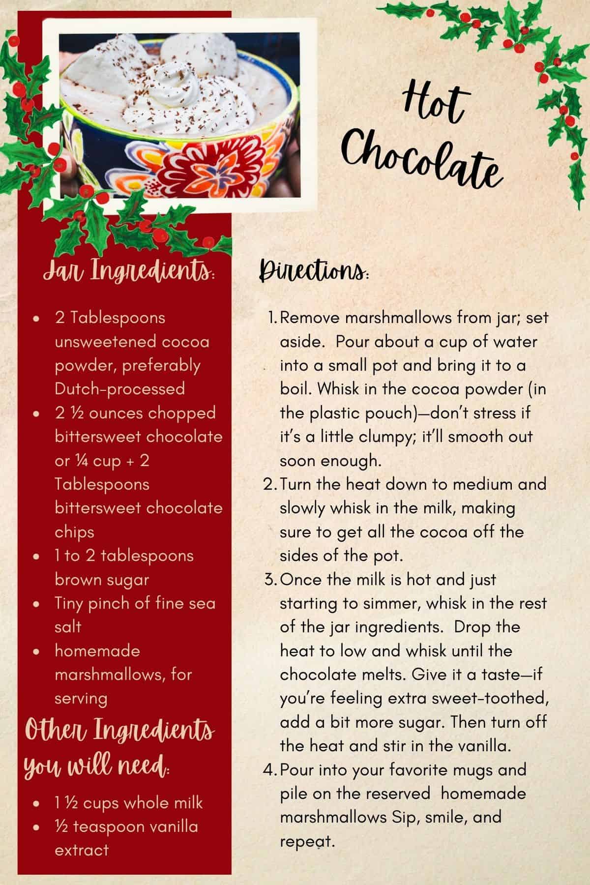 Printable recipe card that includes a listing of jar ingredients and other ingredients needed along with directions to make dark hot chocolate for hostess gift