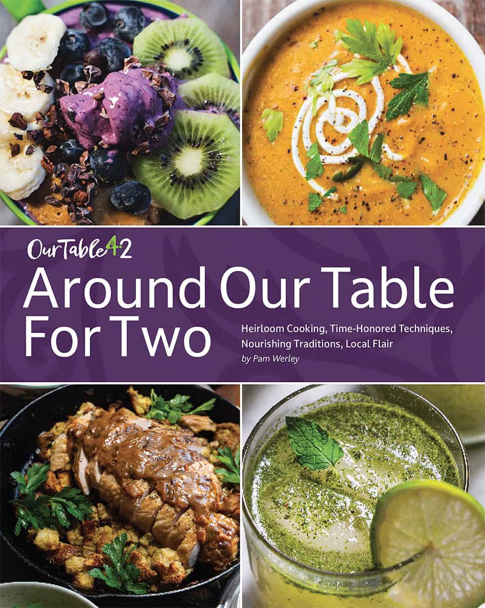 Around Our Table For Two Cookbook Cover with 4 images and a purple banner.