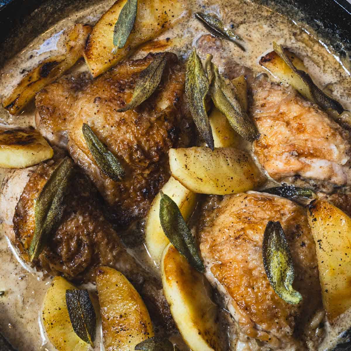 Braised chicken thighs and legs in a cast iron skillet with apples and a chicken normandy sauce.