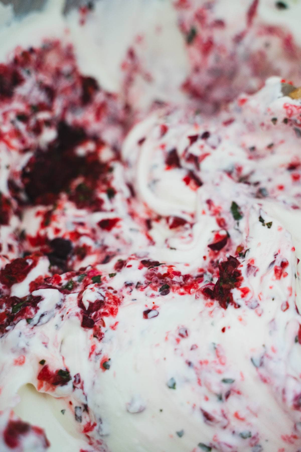 Cranberry salsa mixed into cream cheese in the bowl of a stand mixer.