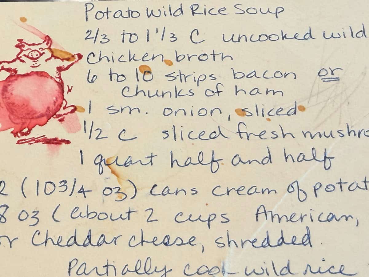 Handwritten recipe card for Minnesota wild rice soup.