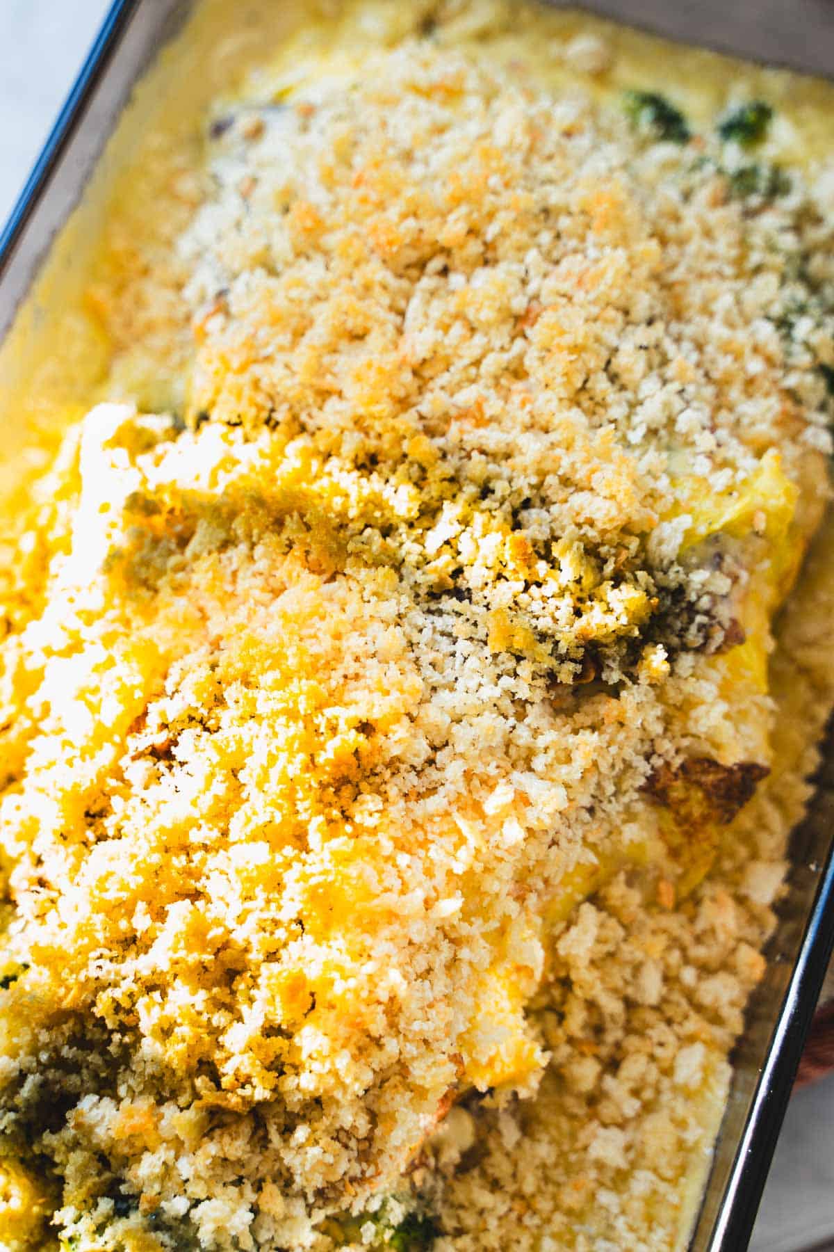 Cottage Cheese Egg casserole with toasted panko topping in a loaf pan