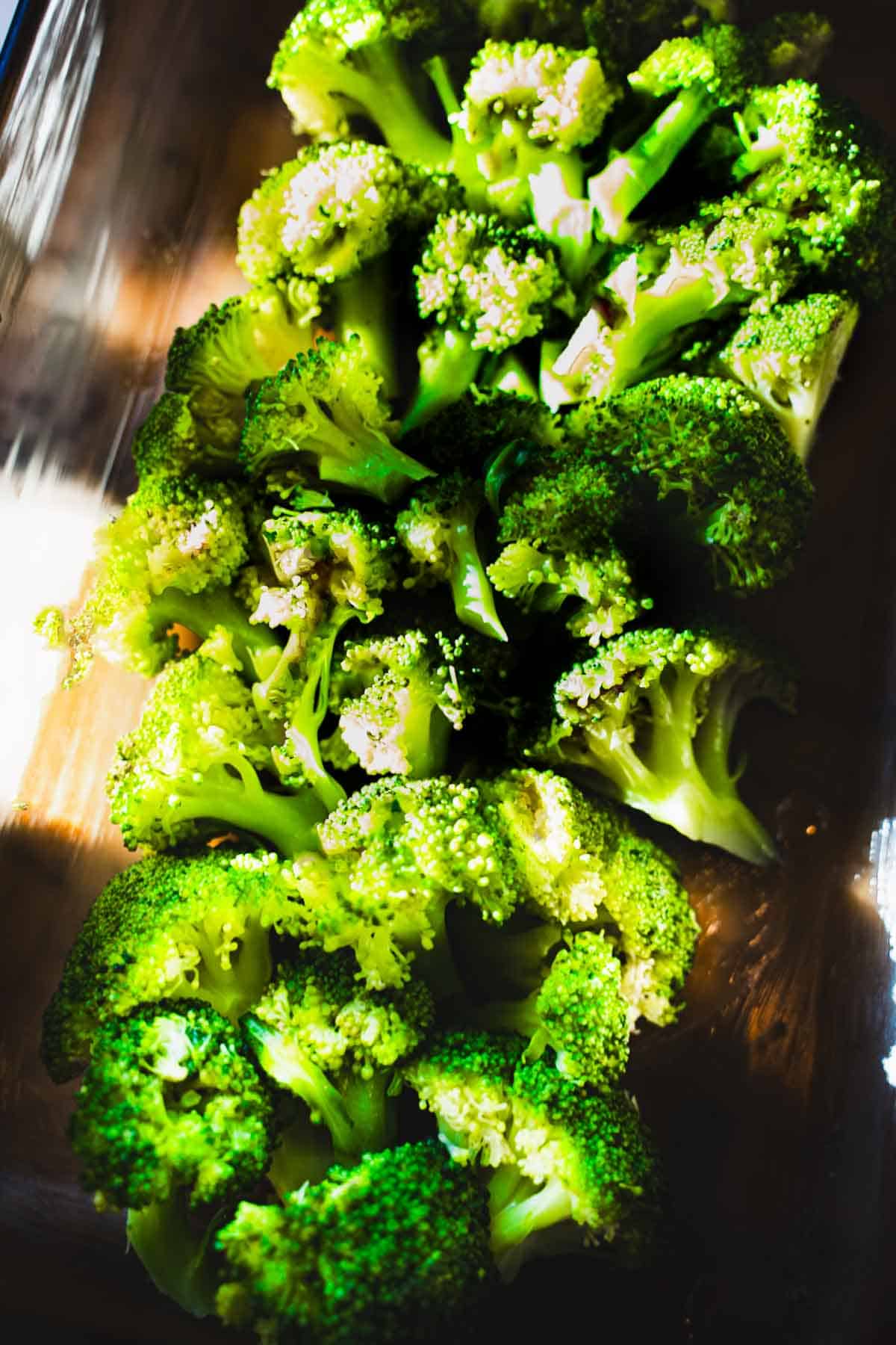 pan steamed broccoli in a loaf pan to make a cottage cheese egg bake with broccoli.