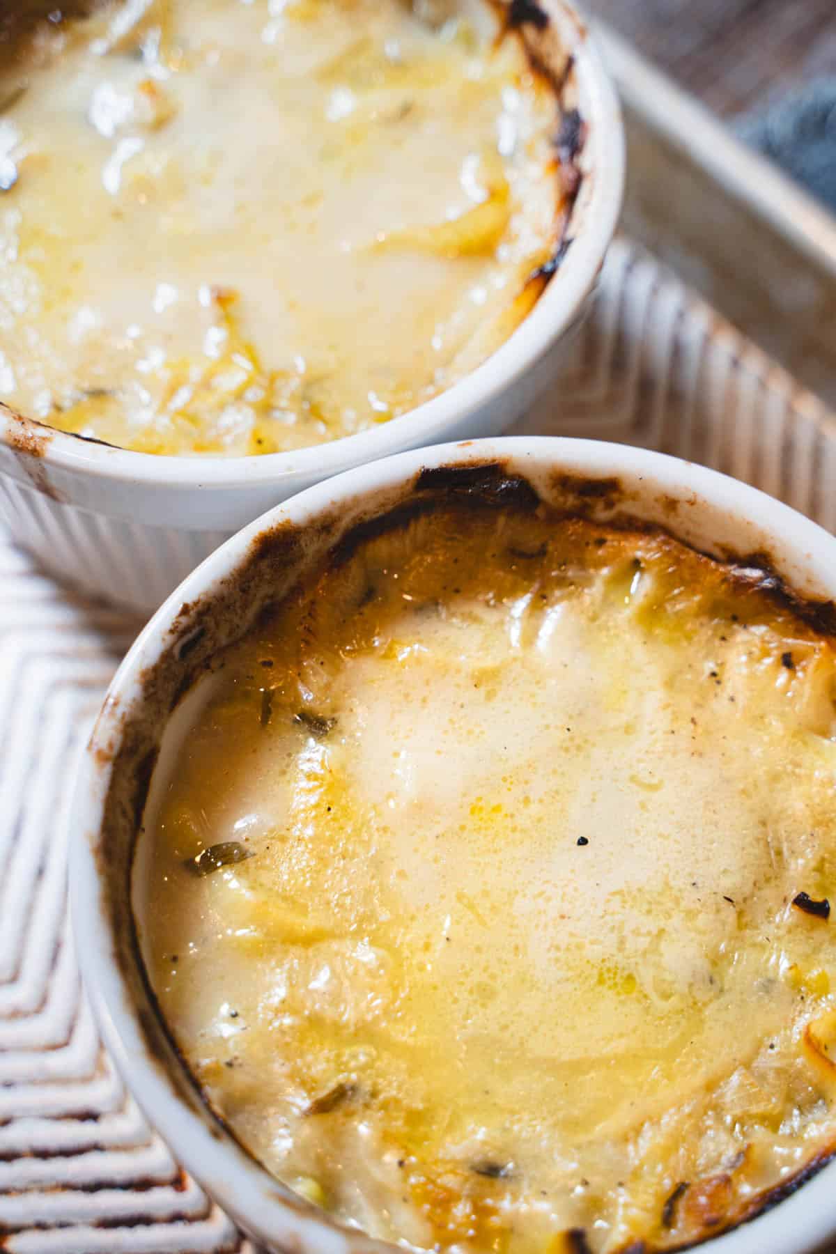 Pot Pie filling baked in individual ramekins until warm and bubbly.