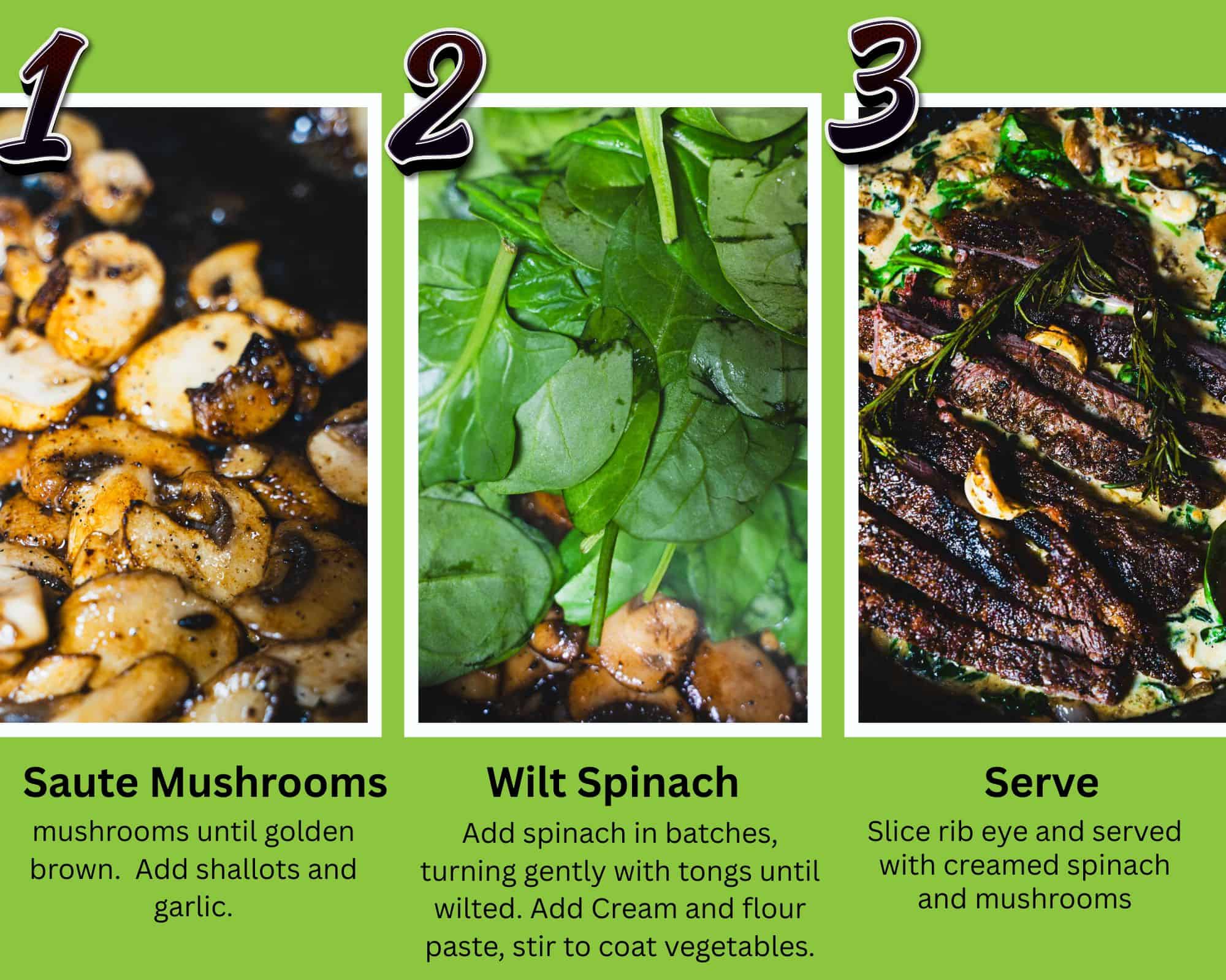 3 photos showing how to saute mushrooms in a cast iron pan, and make the creamed spinach.