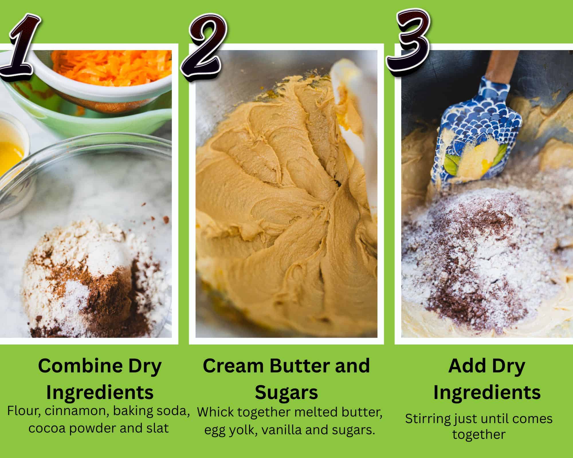 3 step photo collage showing mixing together the dry ingredients in a glass bowl, creamed butter and sugar, Folding in the dry ingredients into wet butter mixture.