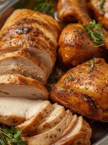 carved roasted chicken on platter.