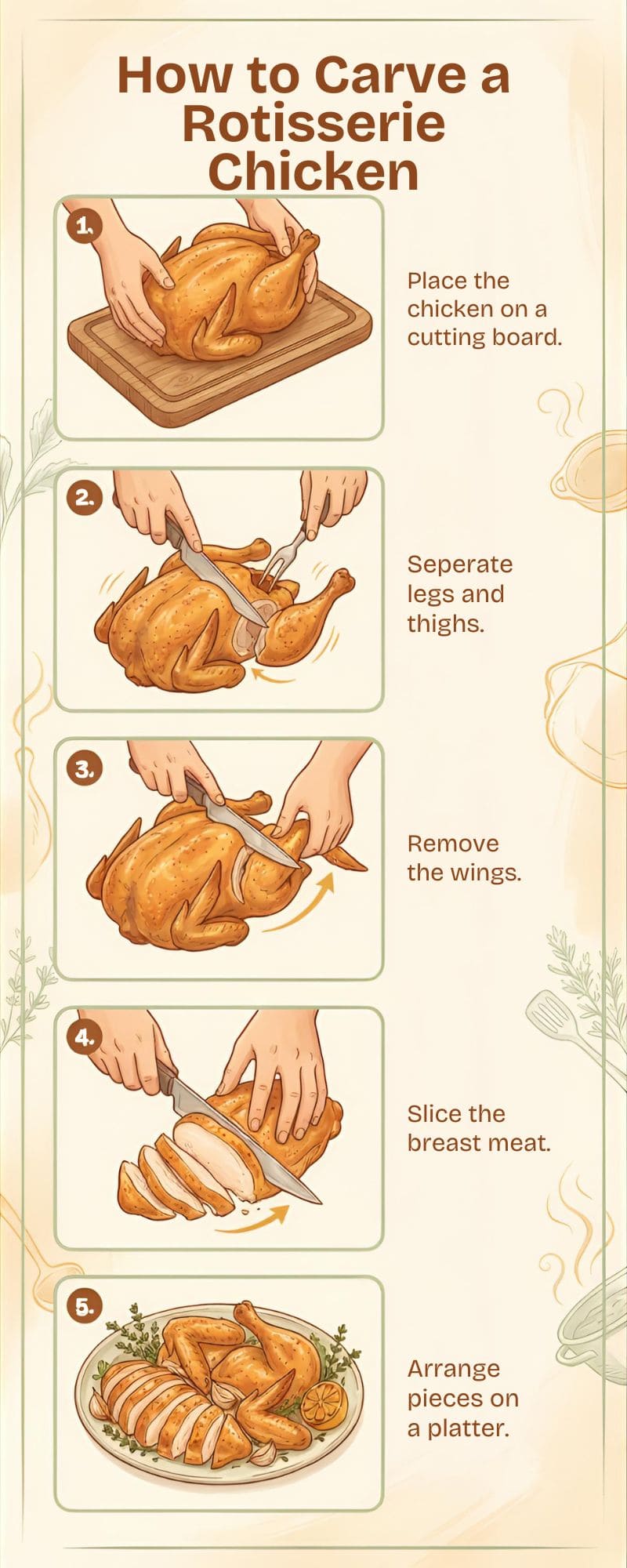 6 step infographic showing how to carve a rotisserie chicken.