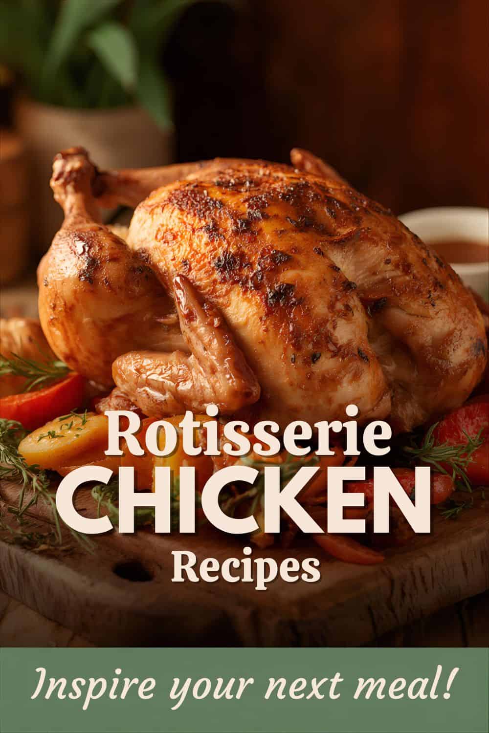 Rotisserie chicken on a platter surrounded by roasted potatoes.