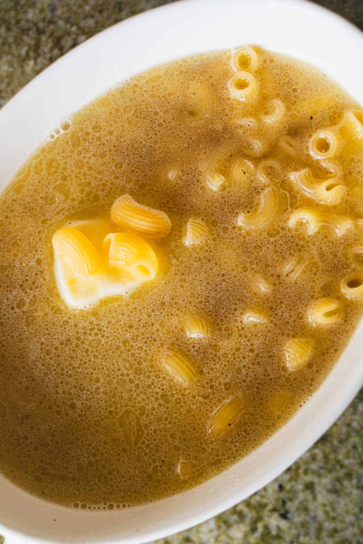macaroni, butter, and hot water in ramekin to make the mac and cheese in the microwave.