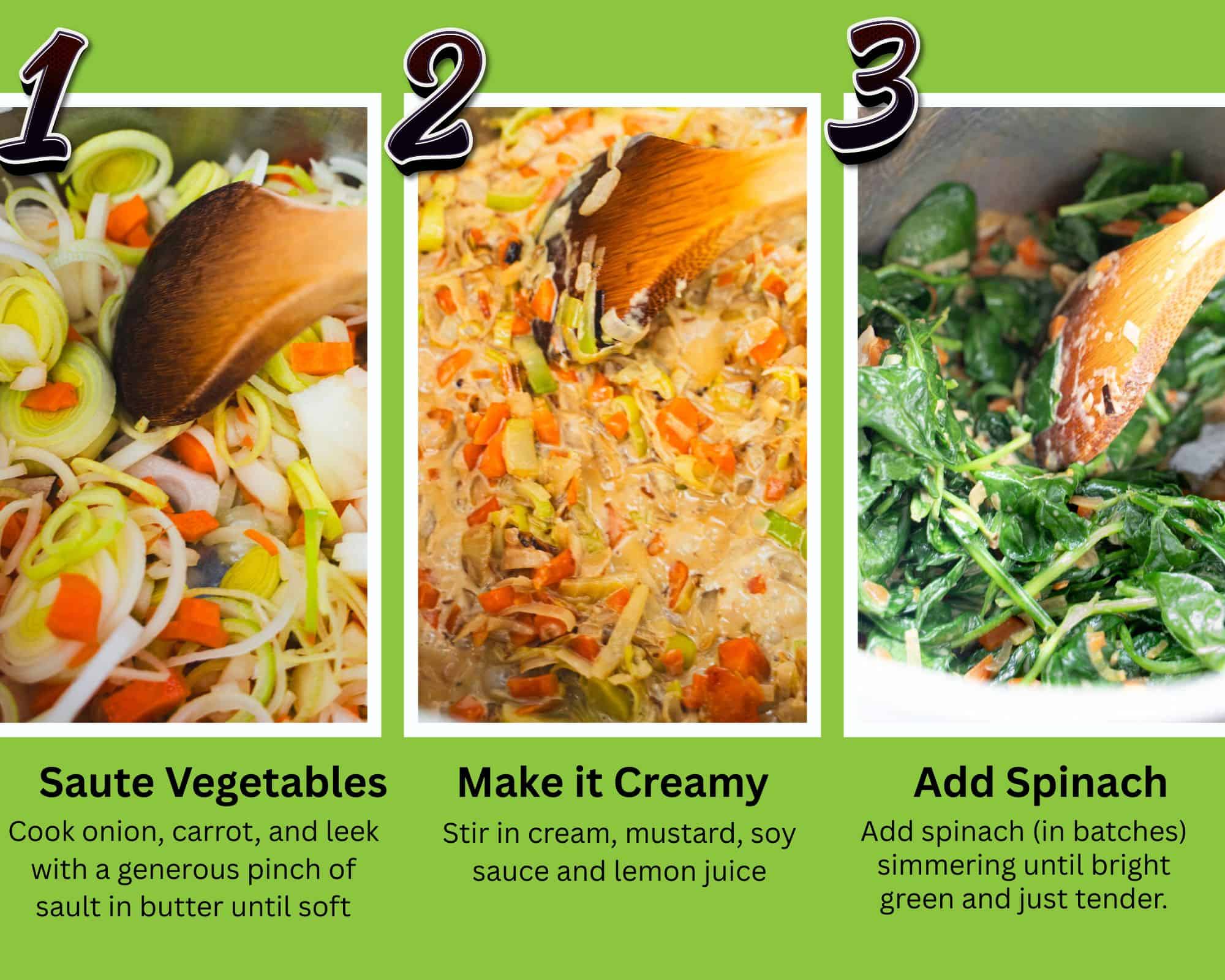 3 picture photo collage of building the base for the seafood pot pie sauting the vegetables, adding sauce flavorings and finally adding spinach in a saucepan.