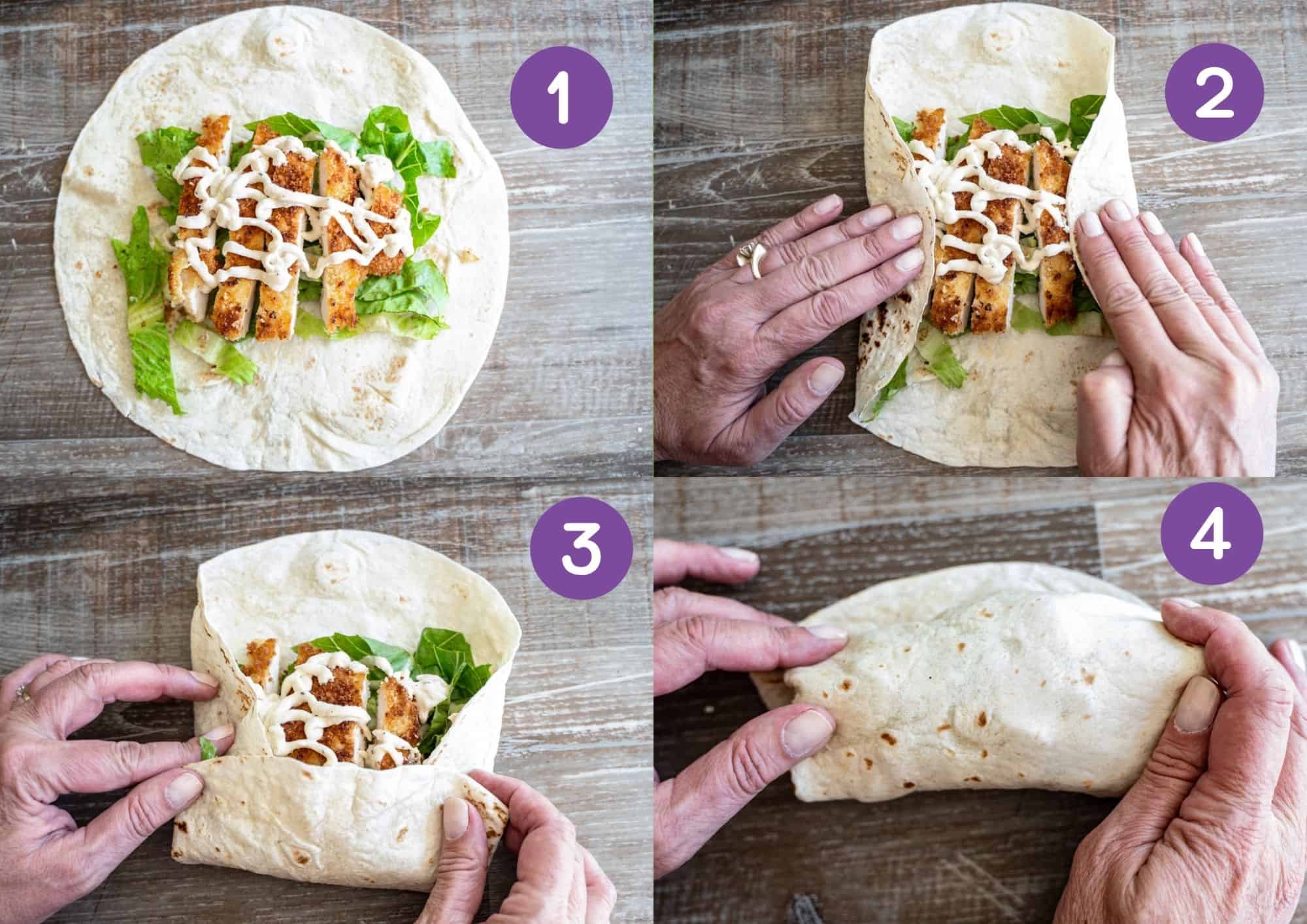 4 photo collage showing each step of filling and folding a tortilla for baked chile relleno recipe.